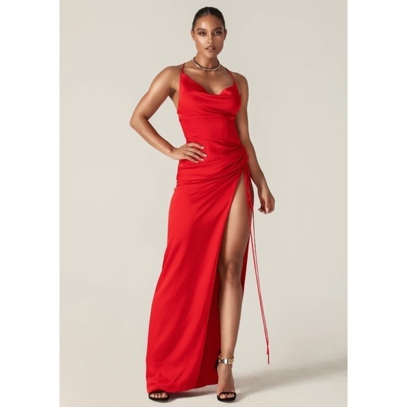 ALIEVA Reva Cowl Neckline Sheath Backless Maxi Dress A Red - Picture 1 of 14